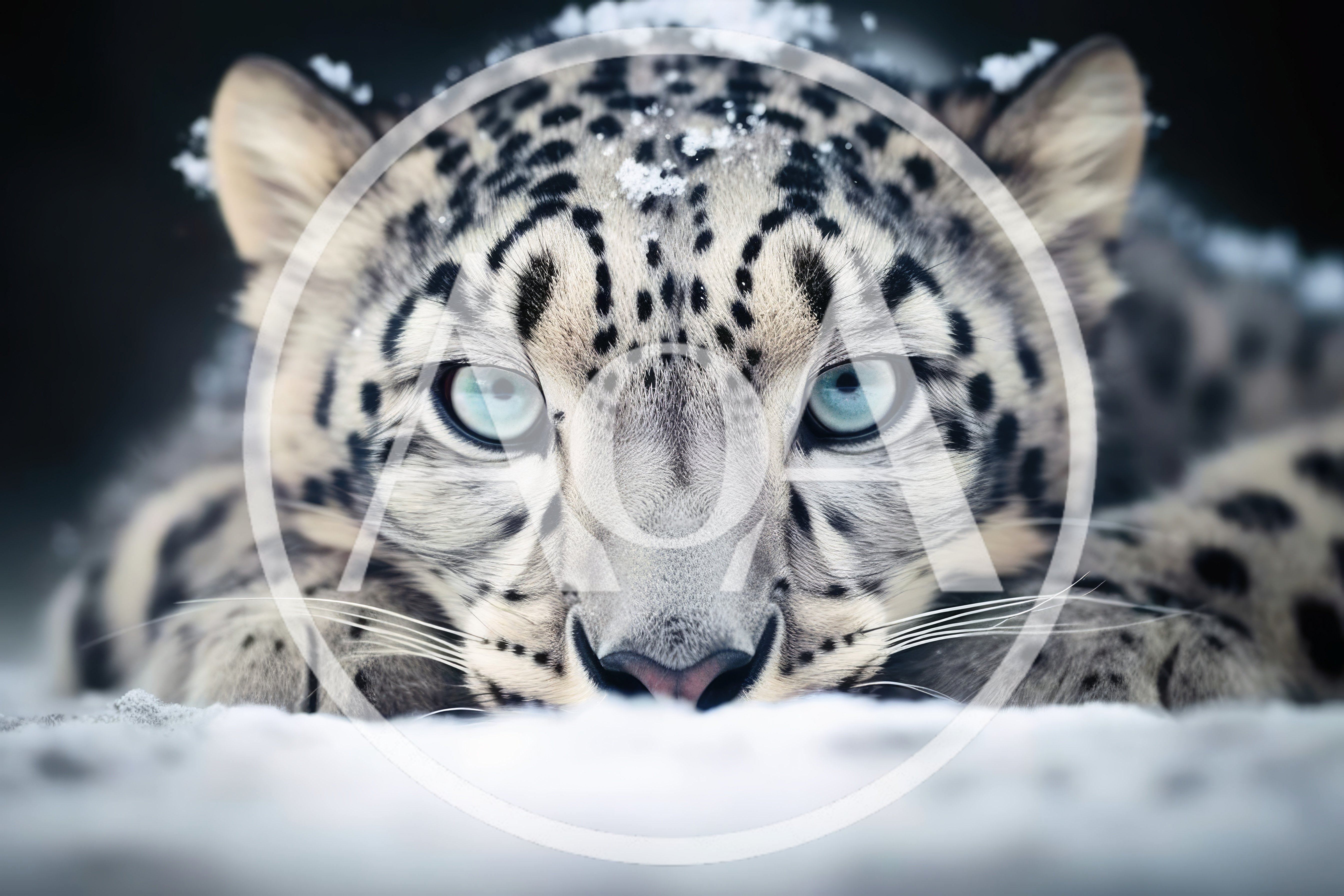 Close Up Portrait Of A Snow Leopard In Snow