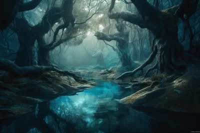 Ethereal Glowing Stream In A Dark Enchanted Forest