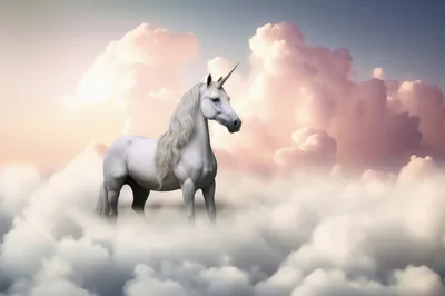 Majestic White Unicorn Standing Amidst Dreamy Clouds