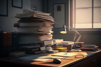 Messy Office Desk With Large Stack Of Paperwork