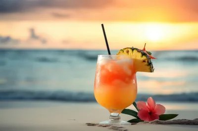 Tropical Cocktail Drink on a Sandy Beach at Sunset