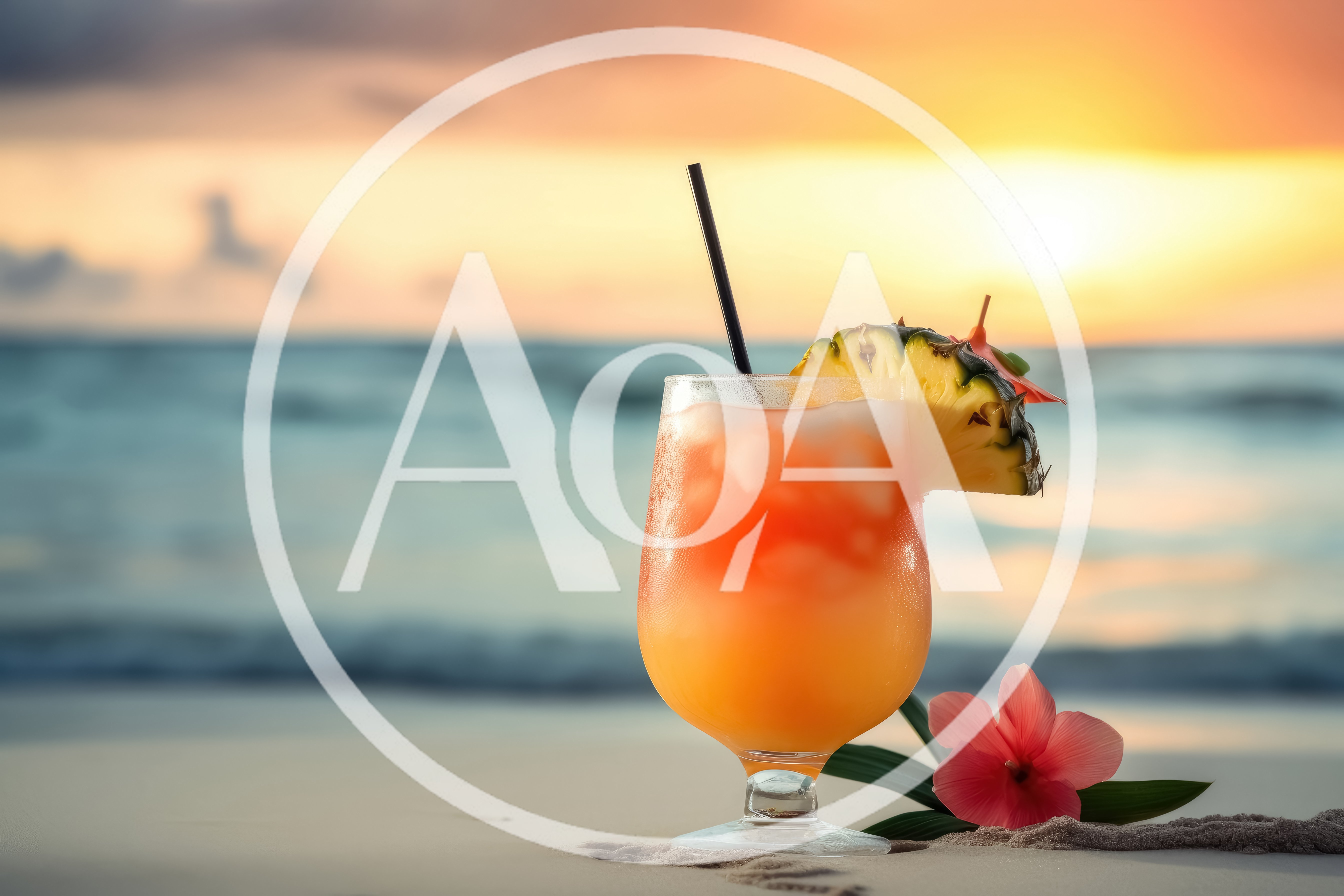 Tropical Cocktail Drink on a Sandy Beach at Sunset