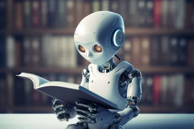Small White Robot Reading A Book In Library