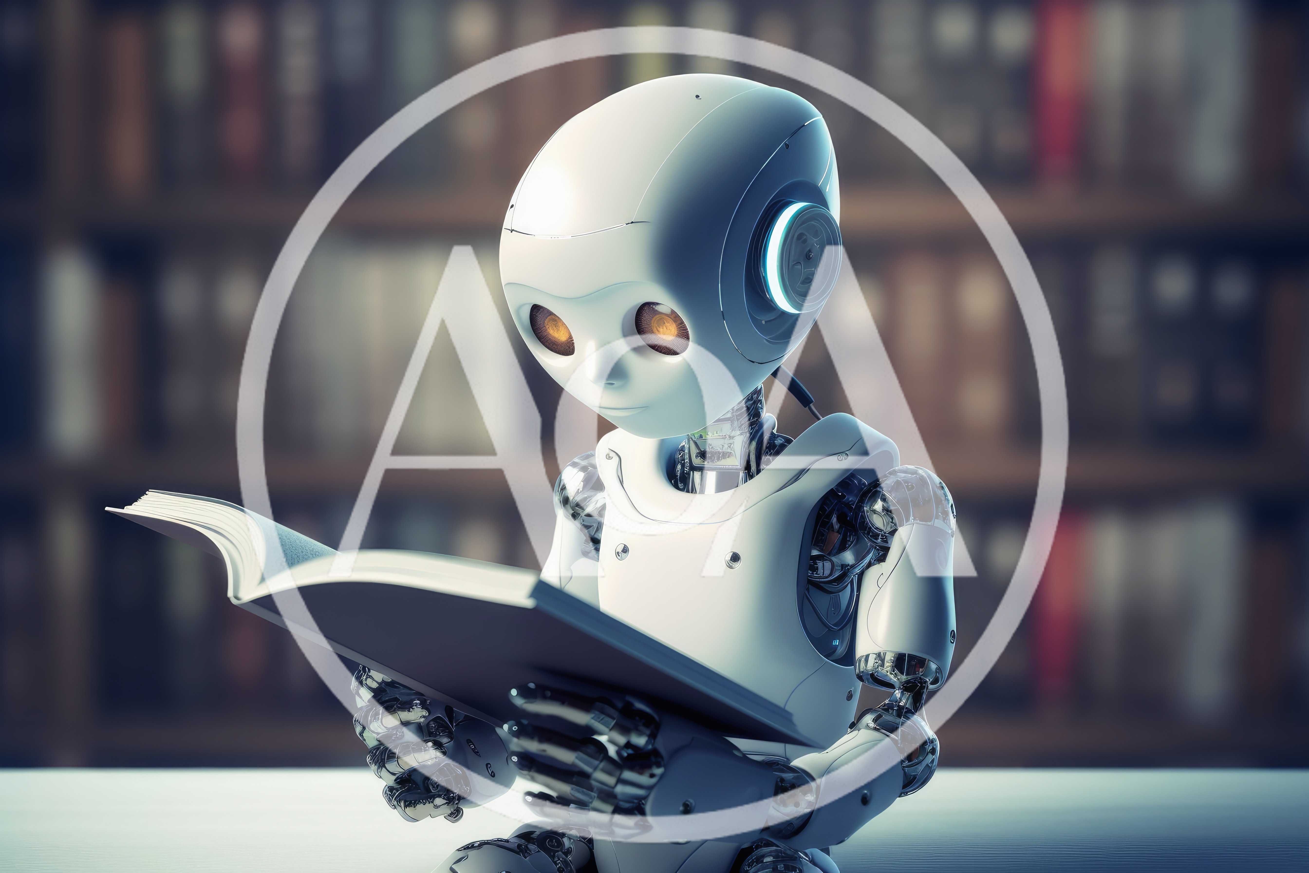Small White Robot Reading A Book In Library