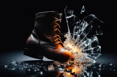 Leather Boot Smashing Through Shattered Glass