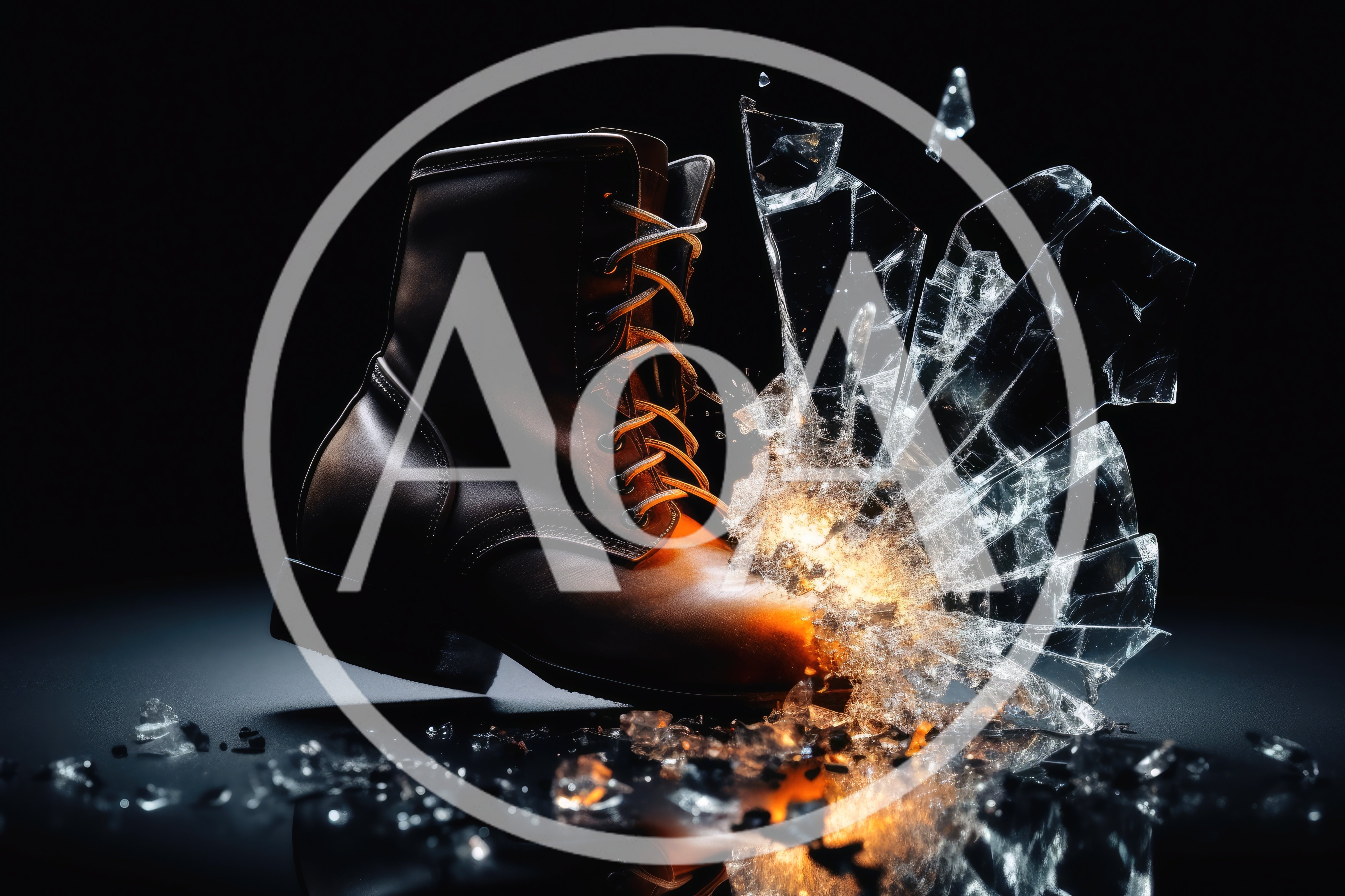 Leather Boot Smashing Through Shattered Glass