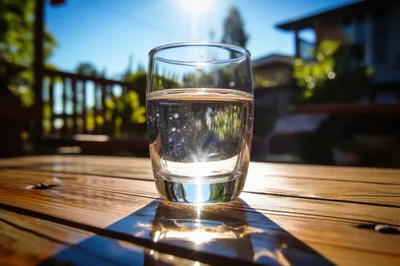 Glass Of Water On A Wooden Table Outdoors