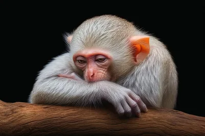 Sad Young Monkey Resting On A Tree Branch