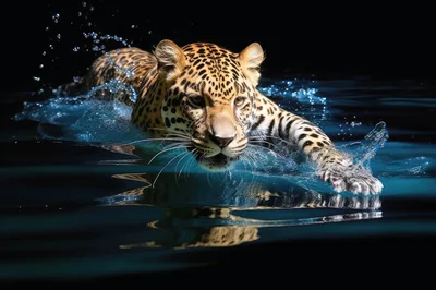 Leopard Swimming Through Dark Water With Splash