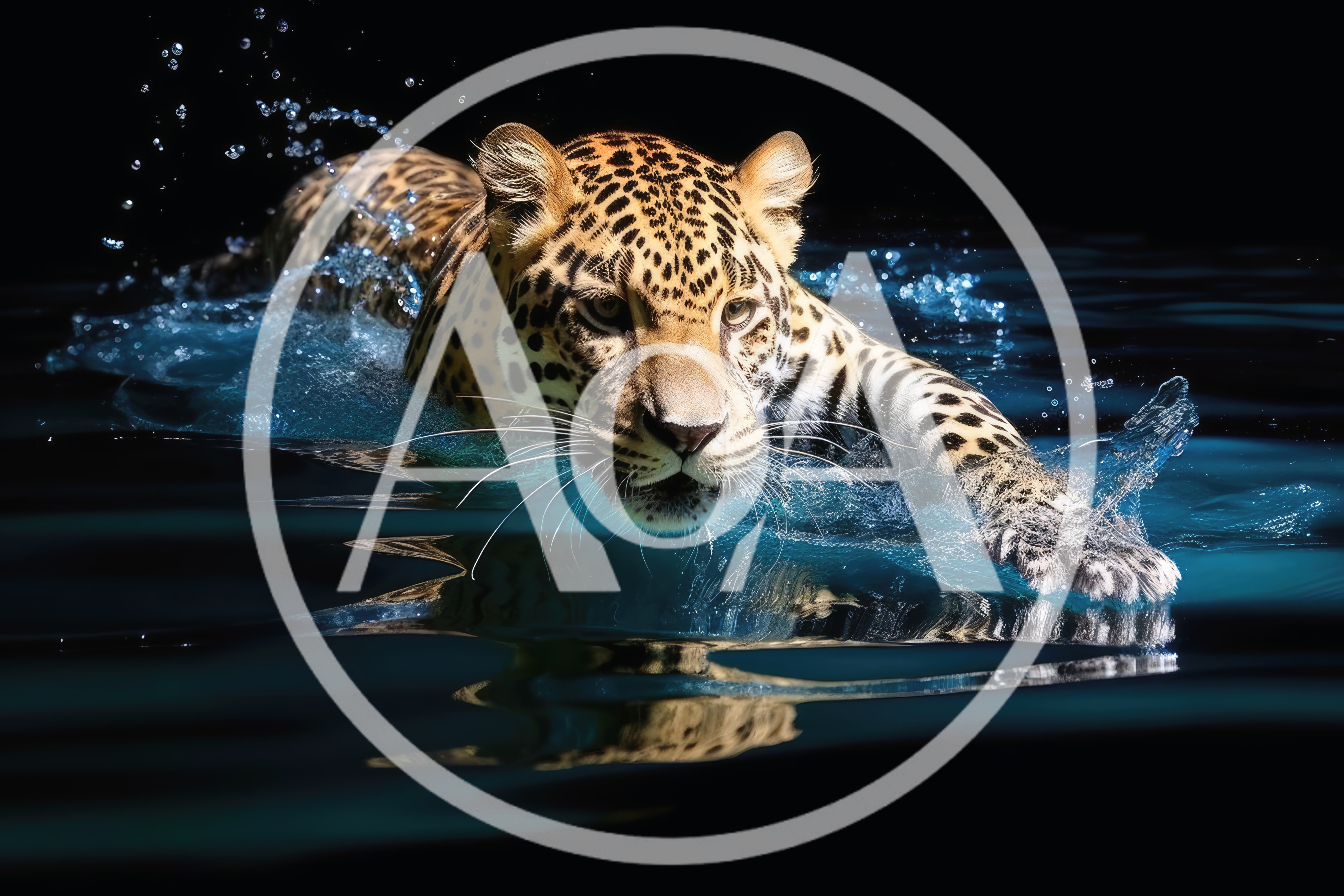 Leopard Swimming Through Dark Water With Splash