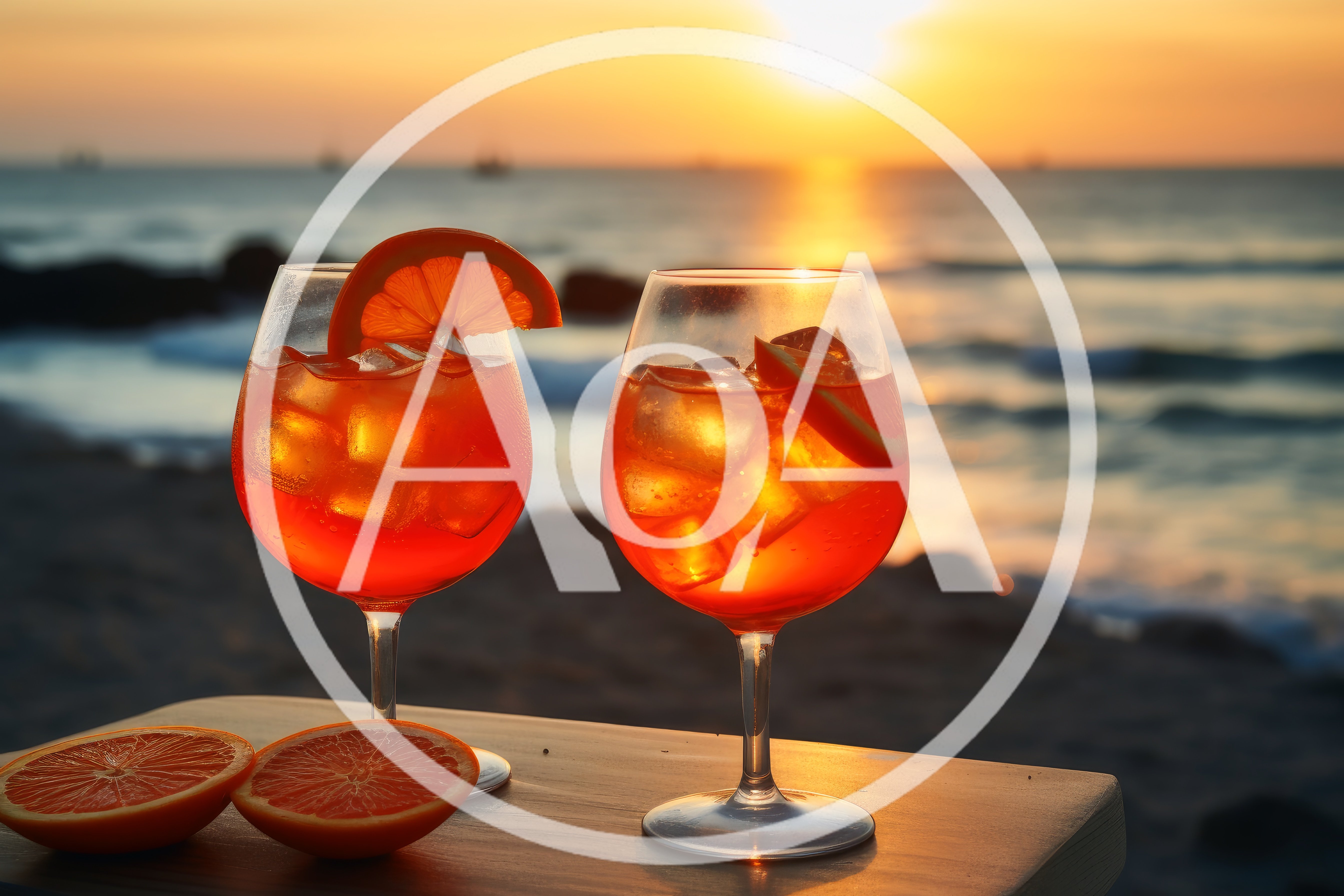 Two Aperol Spritz Cocktails On A Beach At Sunset