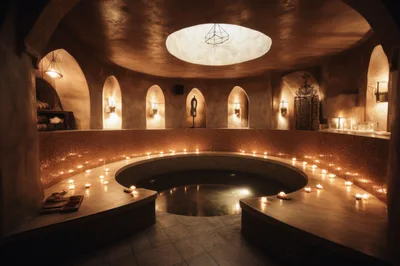 Luxurious Spa Interior With Circular Indoor Pool And Candles