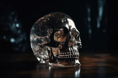 Transparent Glass Human Skull Sculpture On Dark Surface