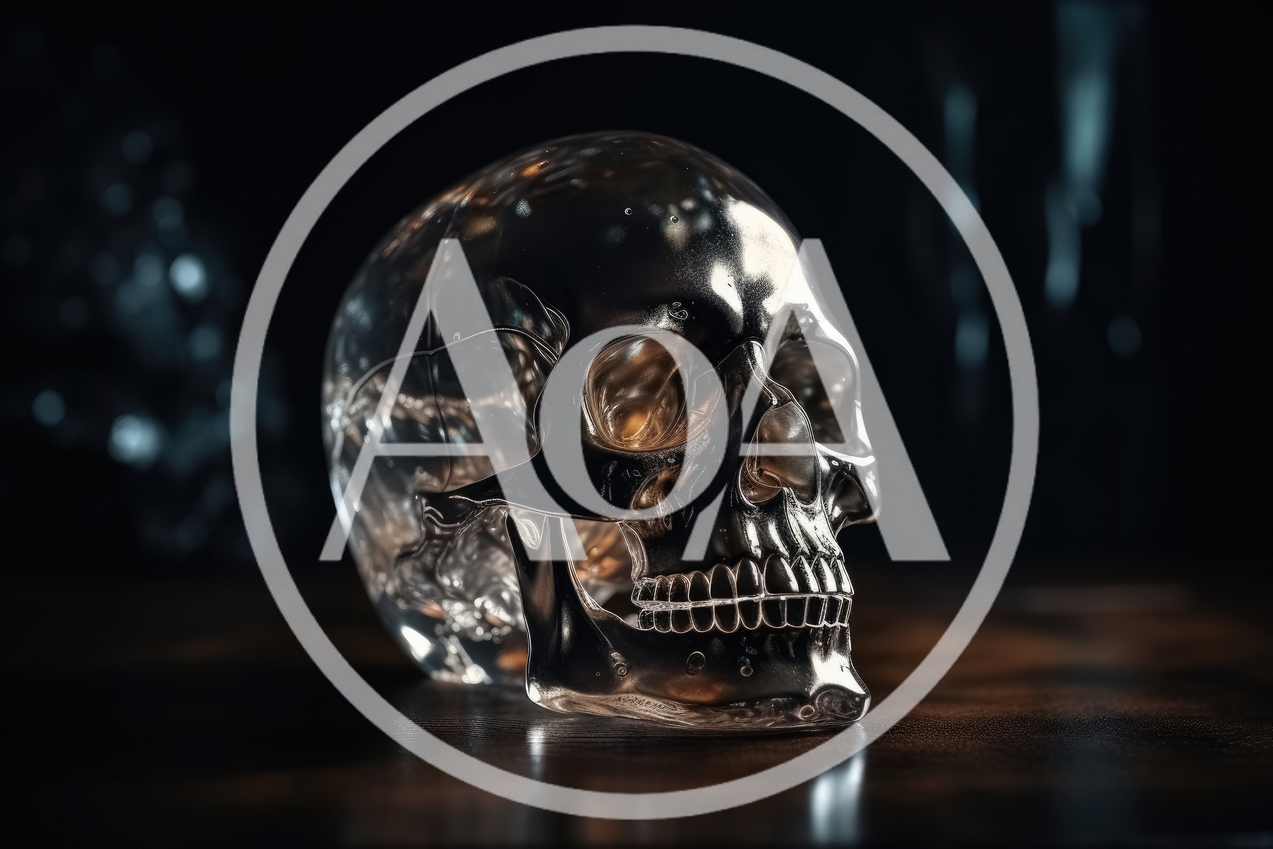 Transparent Glass Human Skull Sculpture On Dark Surface