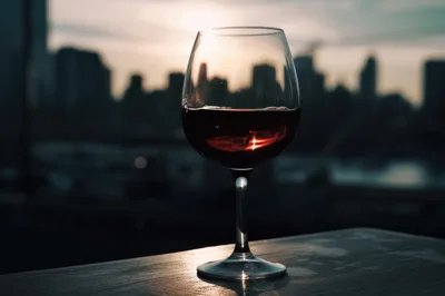Glass Of Red Wine Overlooking City Skyline At Sunset