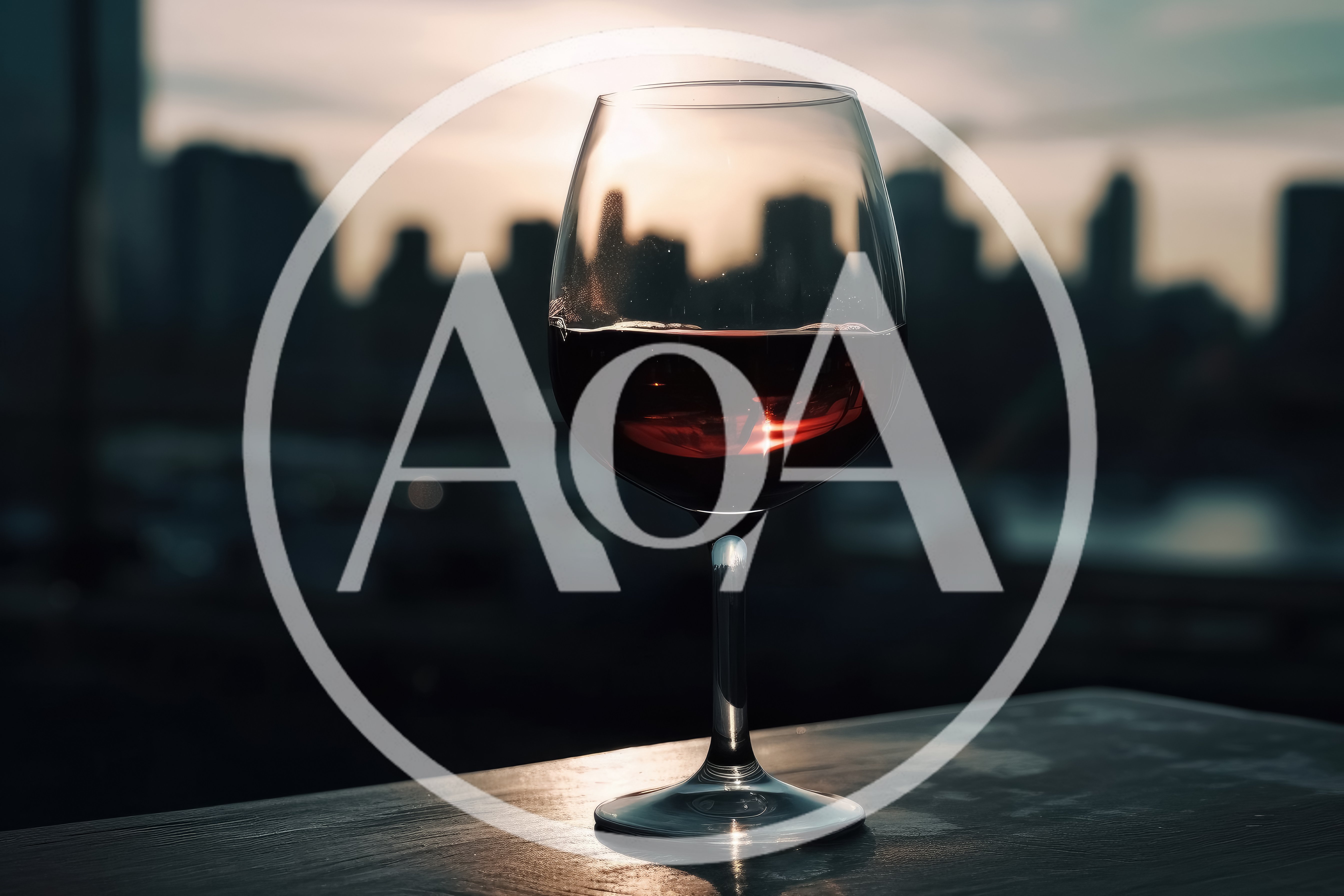 Glass Of Red Wine Overlooking City Skyline At Sunset