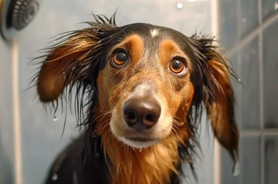 Wet Dachshund Dog Taking A Bath In Shower