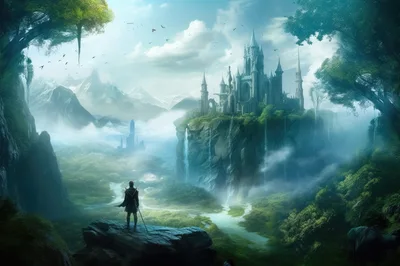 Fantasy Warrior Standing Before A Majestic Cliffside Castle