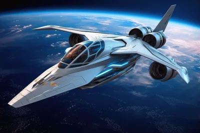 Futuristic Space Fighter Jet Orbiting Earth