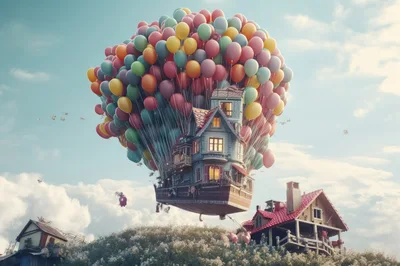 Whimsical House Floating With Colorful Balloons