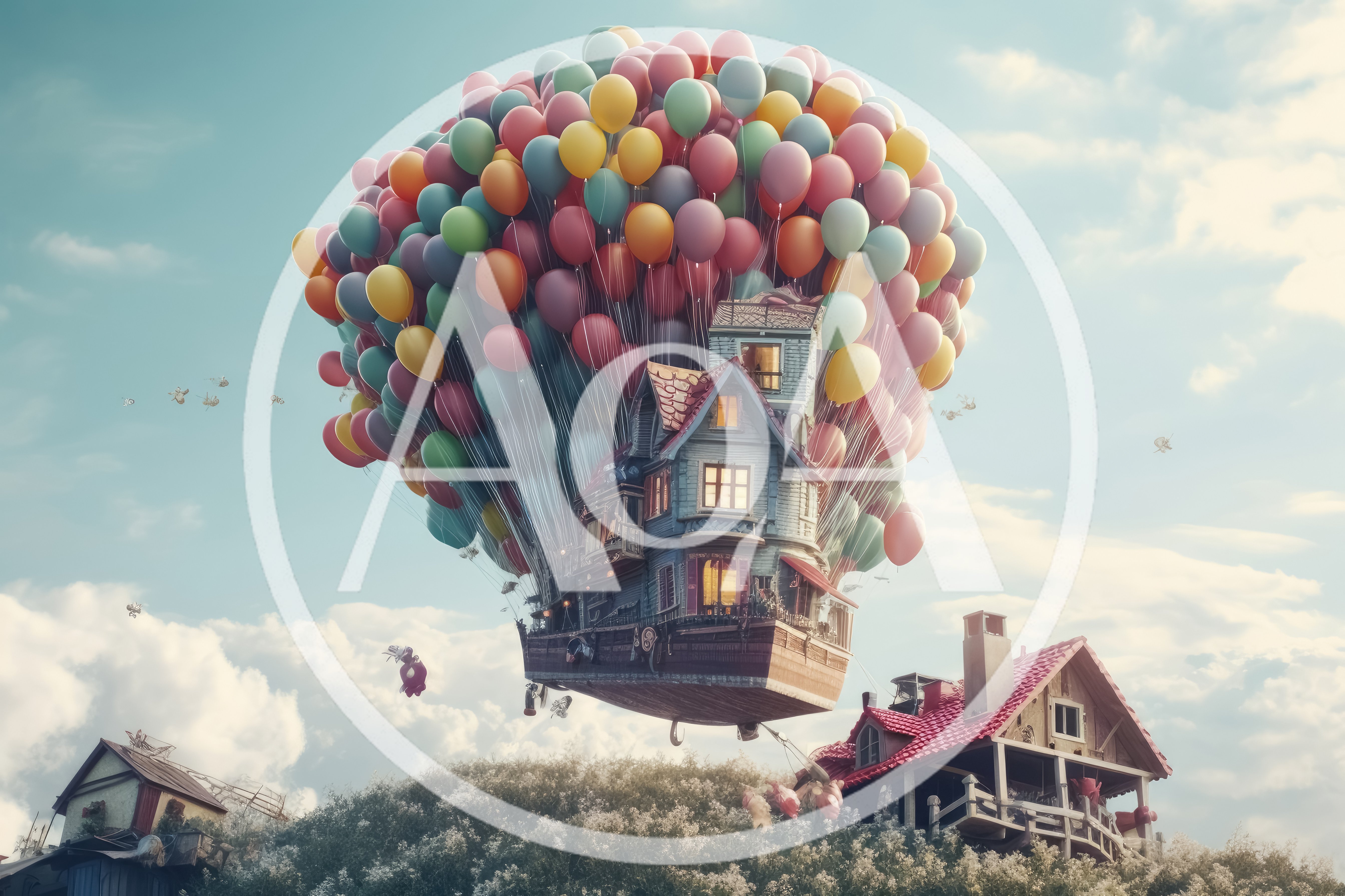Whimsical House Floating With Colorful Balloons