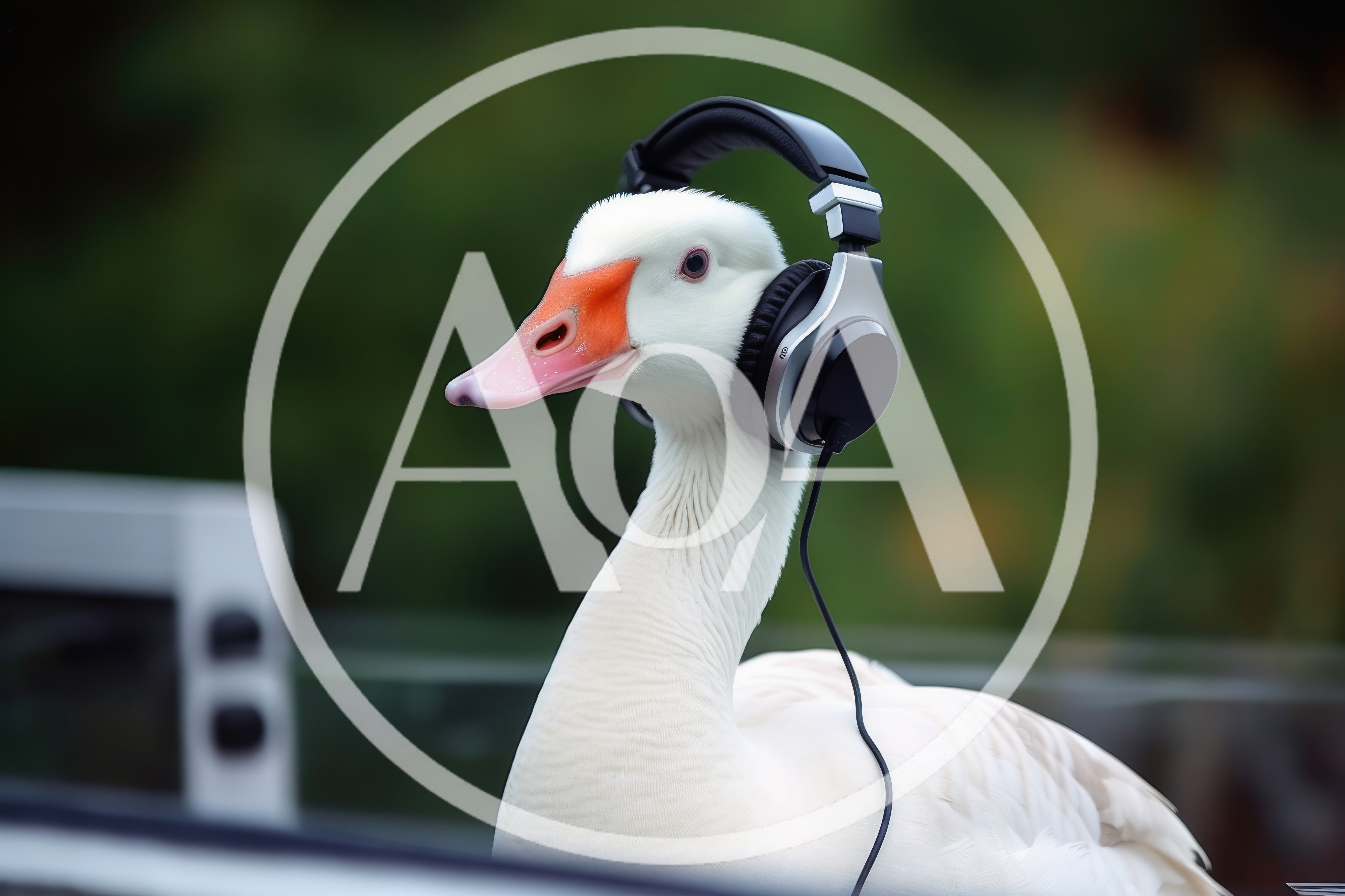 White Goose Wearing Modern Black Headphones