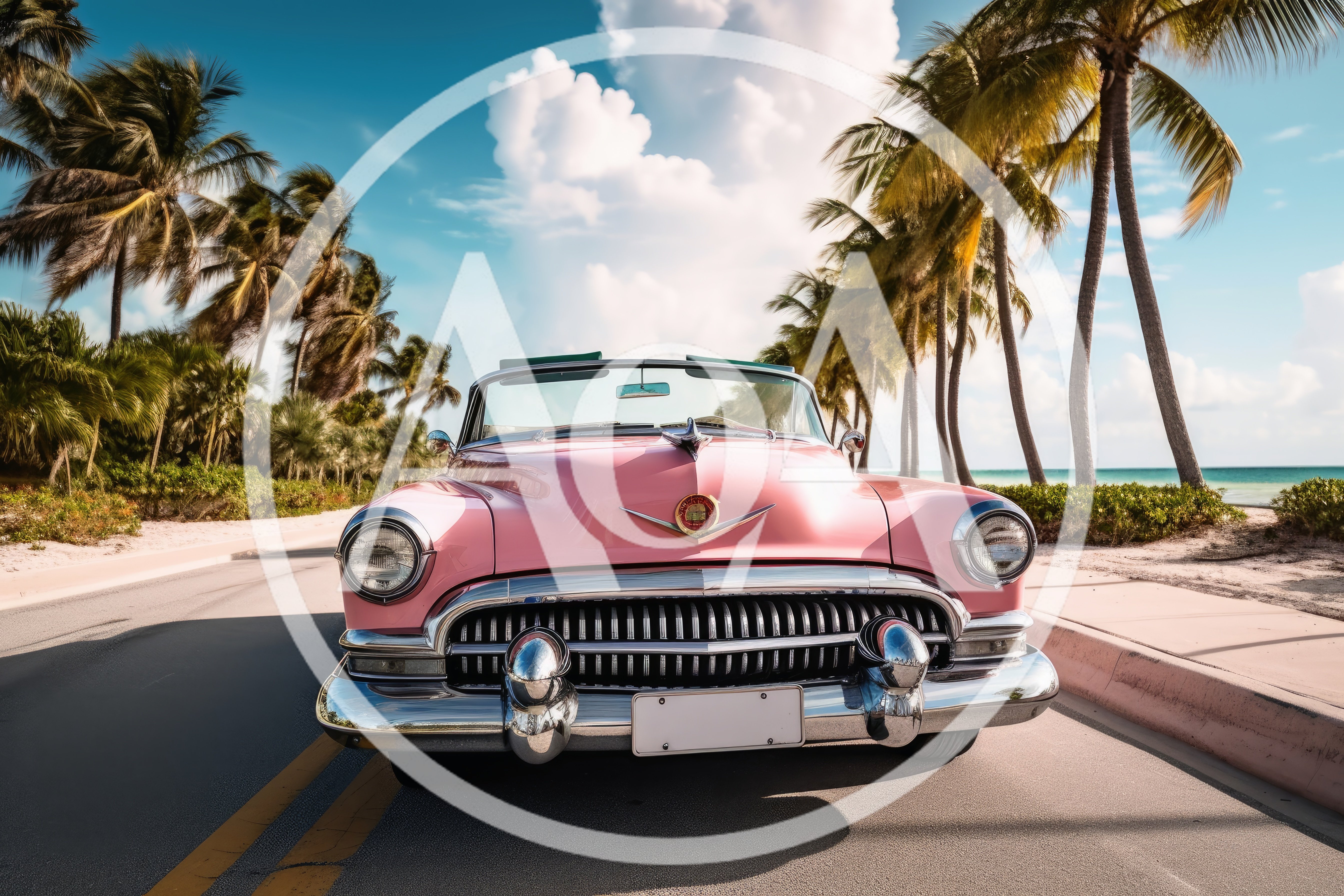 Vintage Pink Convertible Car On Tropical Coastal Road