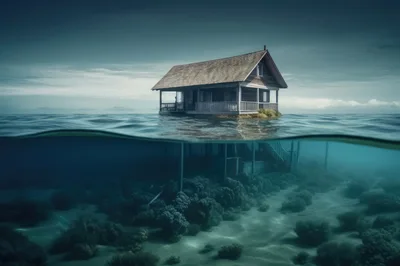 Surreal House Floating Above Underwater Coral Reef