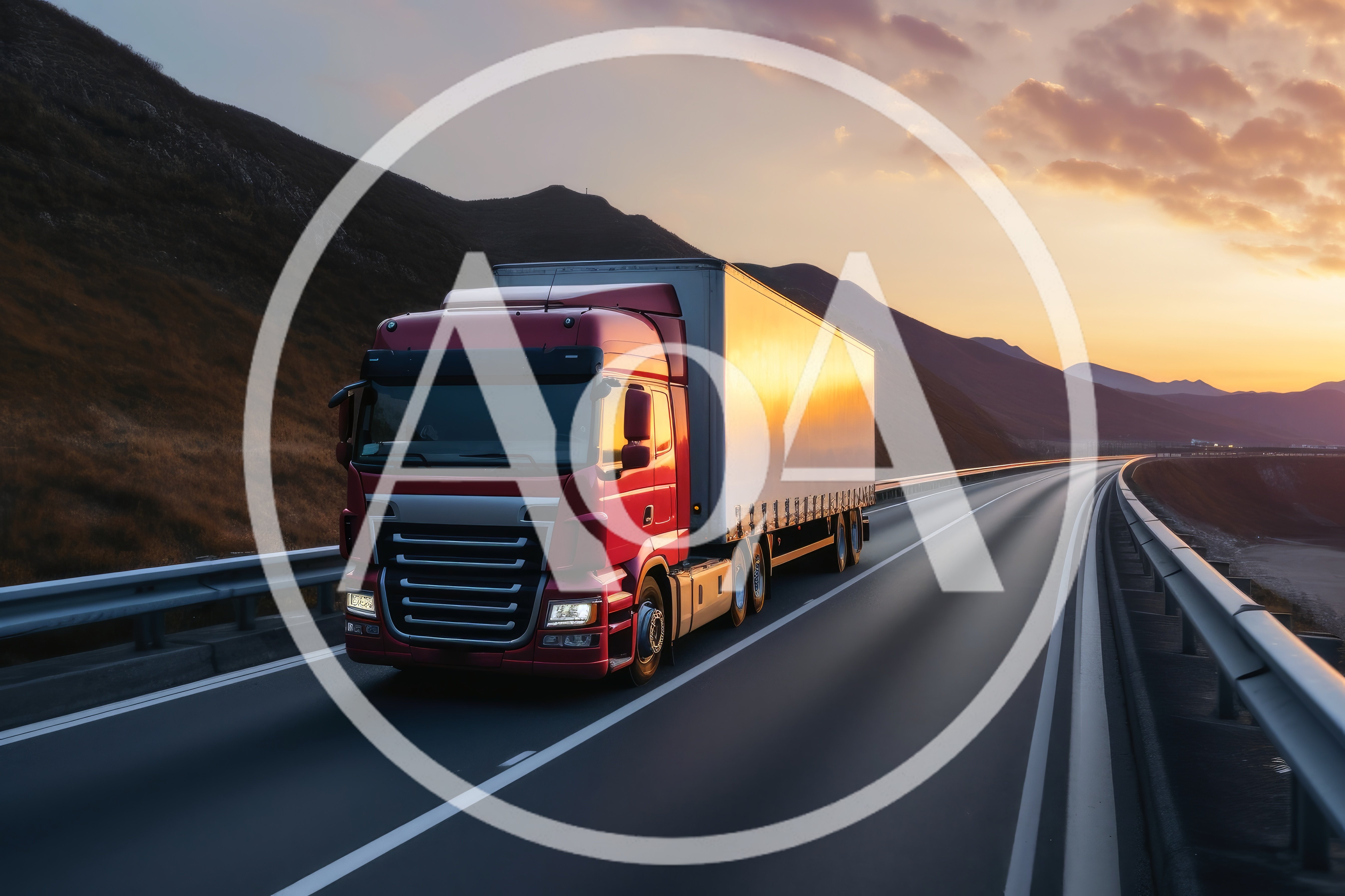 Red Semi Truck Driving On Coastal Highway At Sunset
