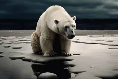 Solitary Polar Bear Standing On Melting Arctic Ice