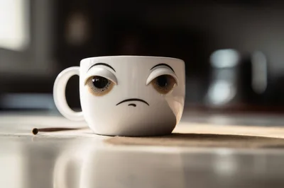 Sad Coffee Mug With Human Eyes On Table