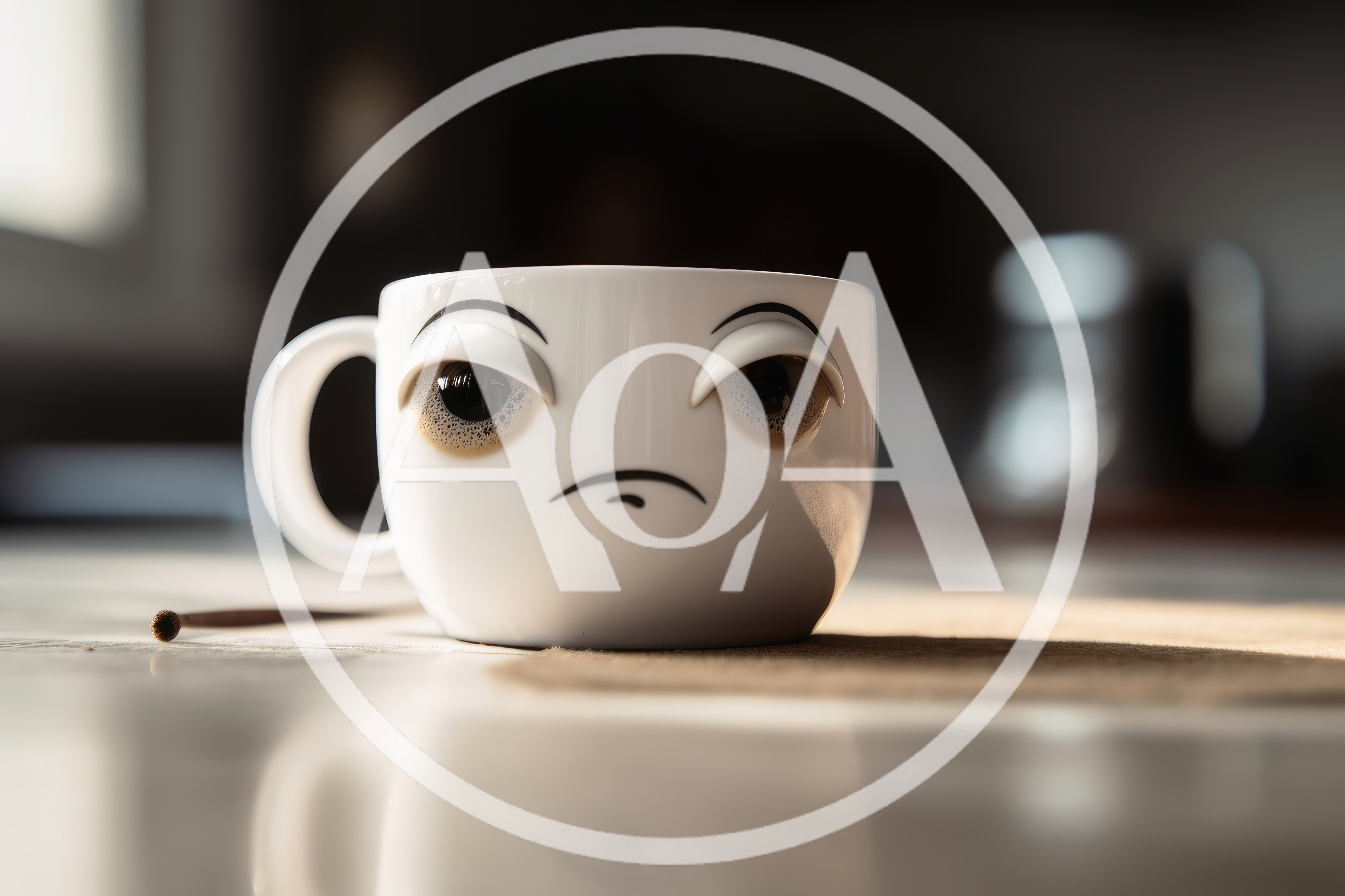 Sad Coffee Mug With Human Eyes On Table