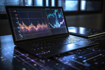 Laptop Displaying Financial Data Charts In Dark Office