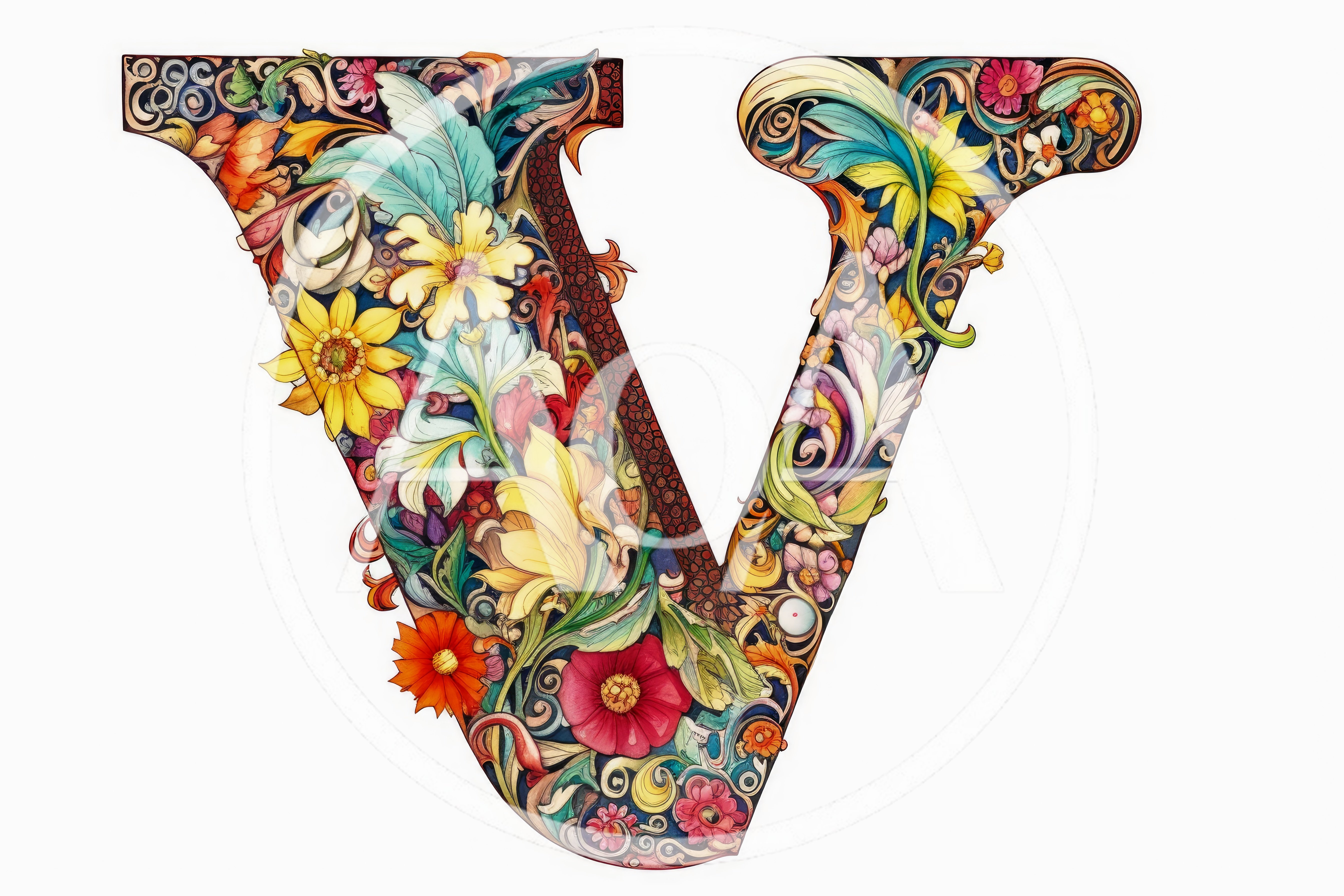 Ornate Floral Letter V Decorative Typography Design