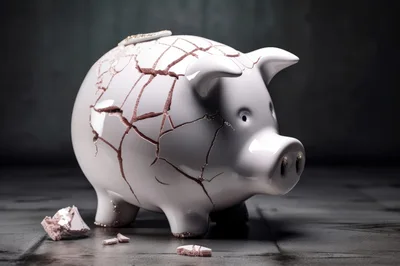 Cracked White Ceramic Piggy Bank On Dark Surface