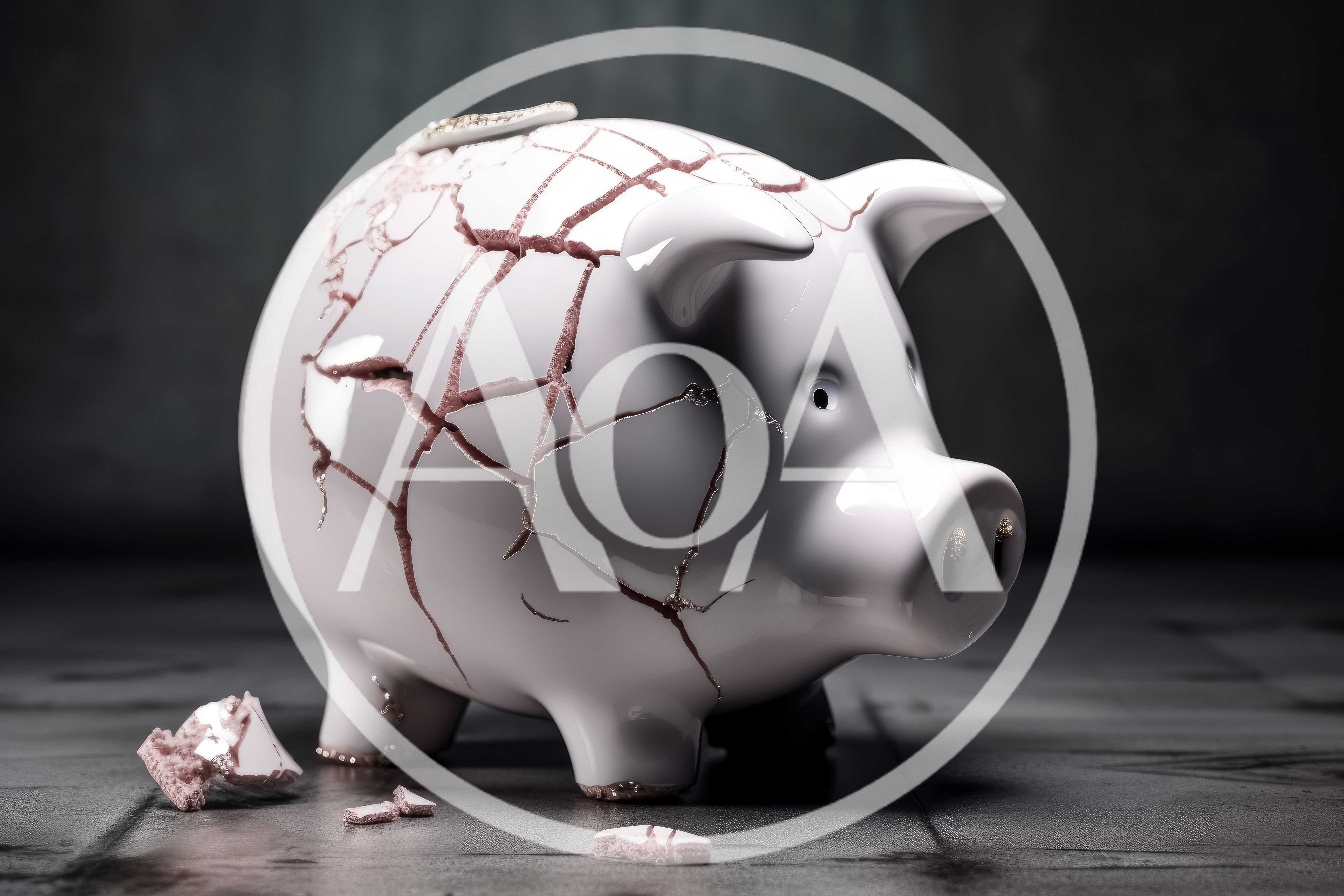 Cracked White Ceramic Piggy Bank On Dark Surface