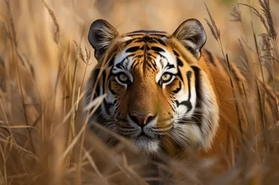 Majestic Tiger Staring Through Tall Golden Grass