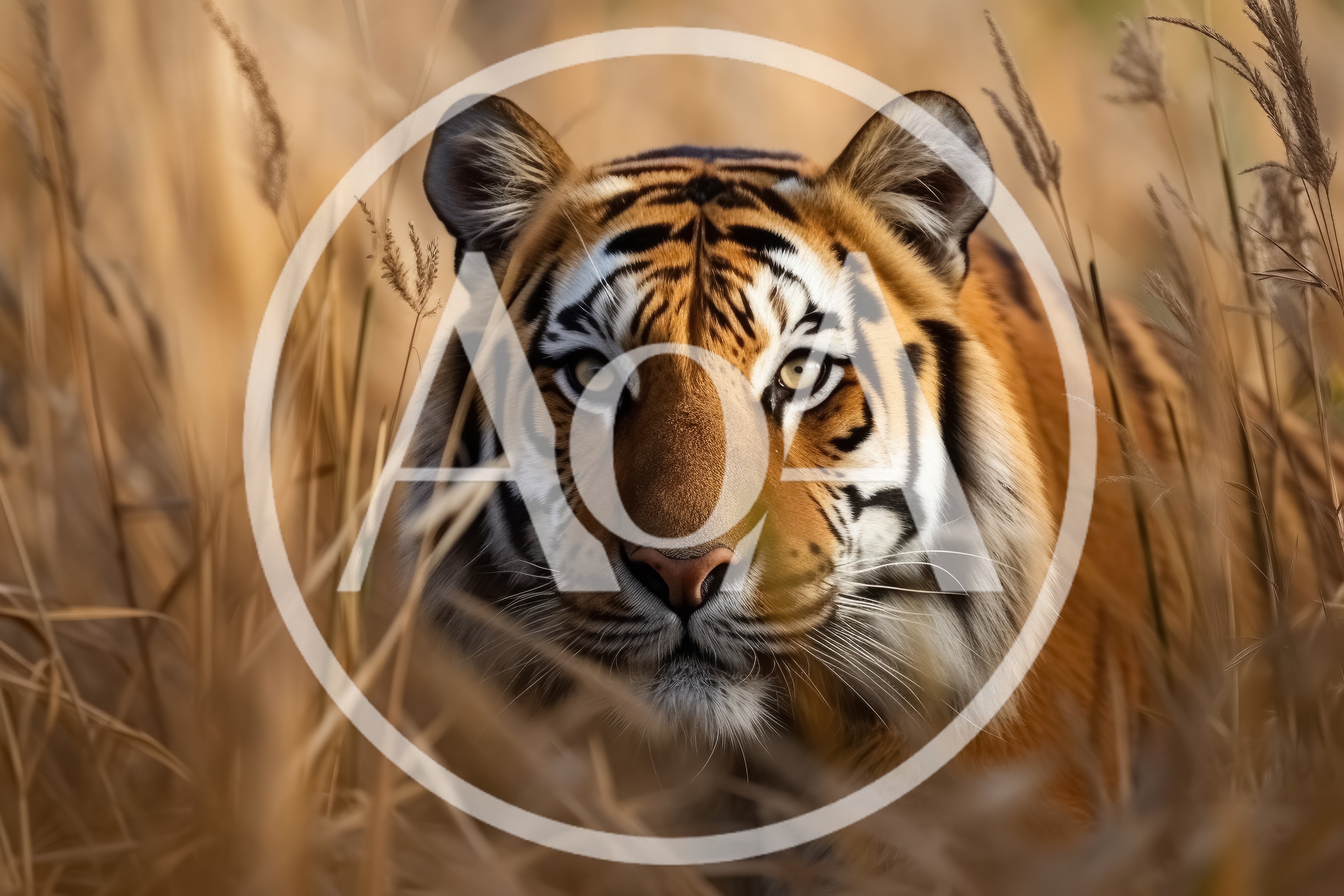 Majestic Tiger Staring Through Tall Golden Grass