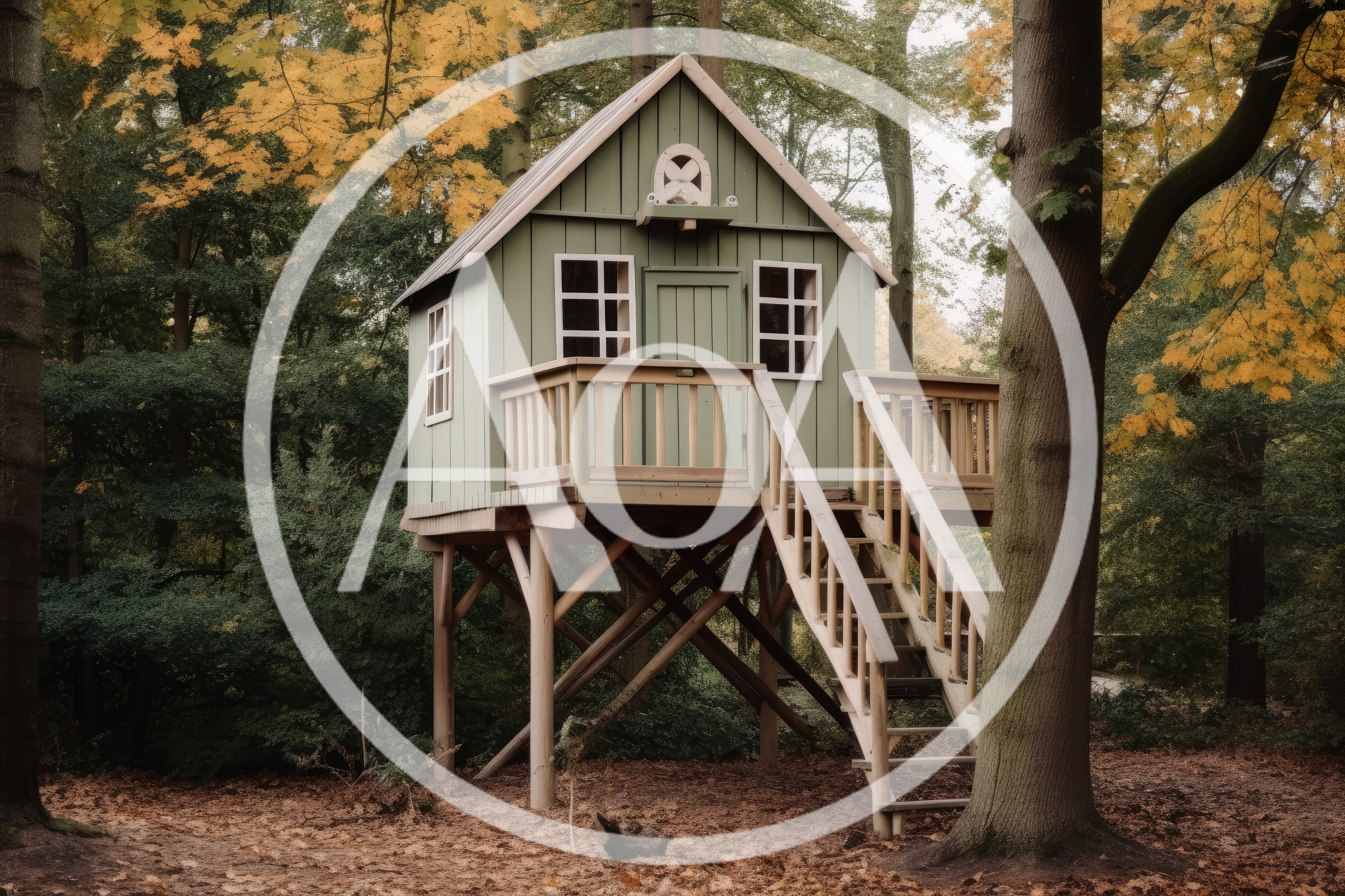 Green Wooden Treehouse Elevated In An Autumn Forest