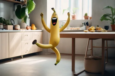 Animated Banana Character Jumping In A Modern Kitchen