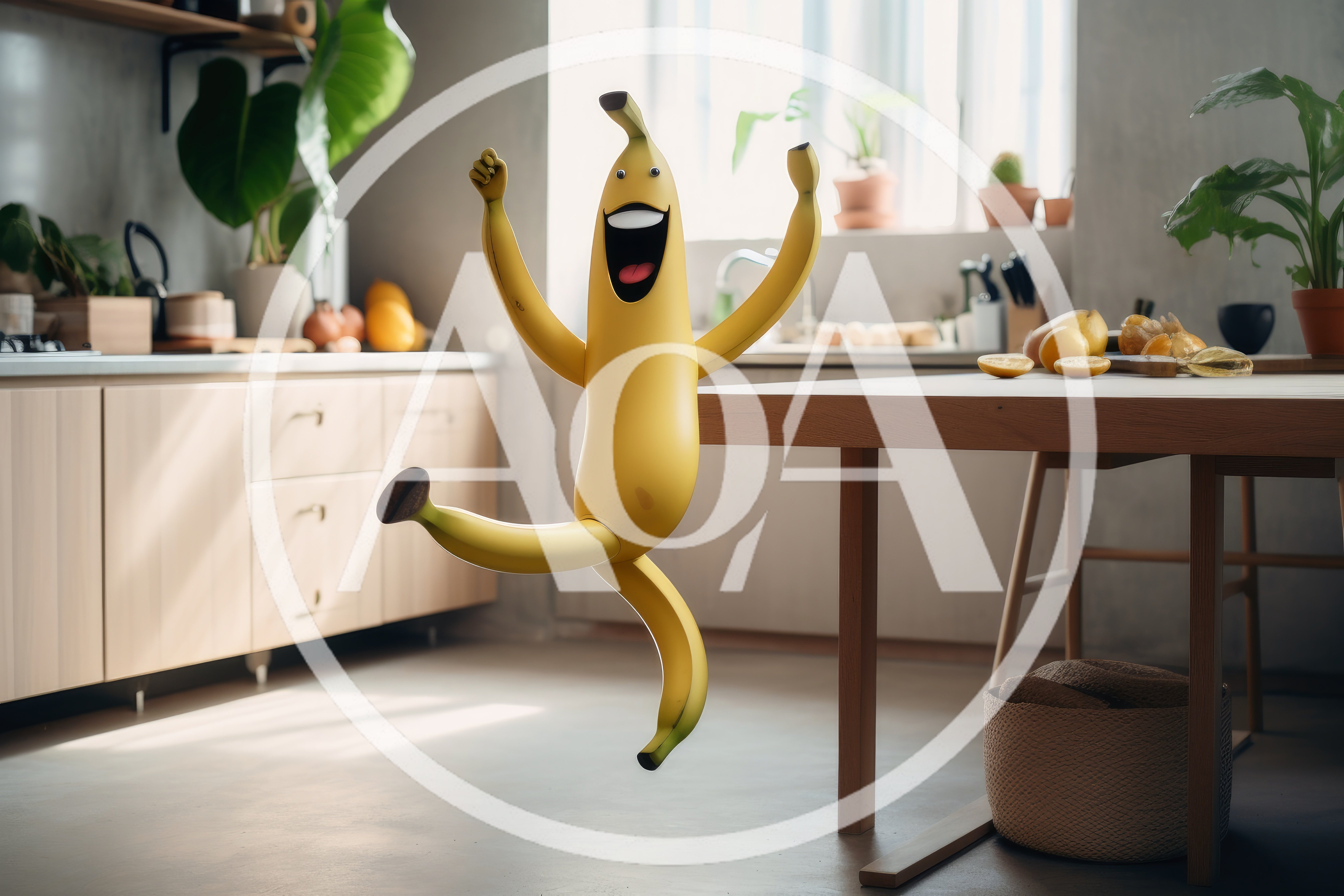 Animated Banana Character Jumping In A Modern Kitchen