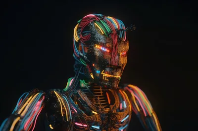 Futuristic Android Head With Glowing Neon Fiber Optic Cables