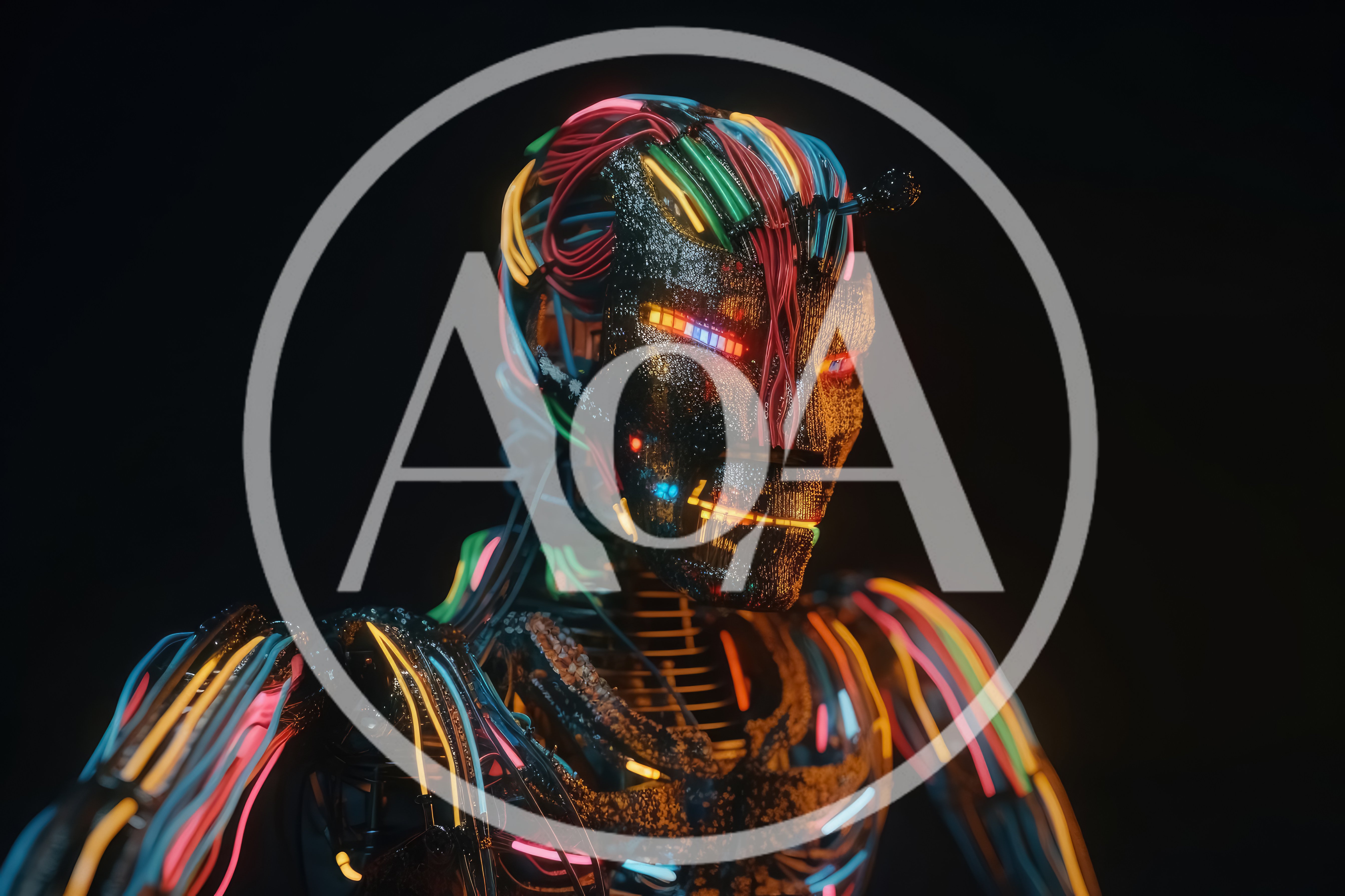 Futuristic Android Head With Glowing Neon Fiber Optic Cables