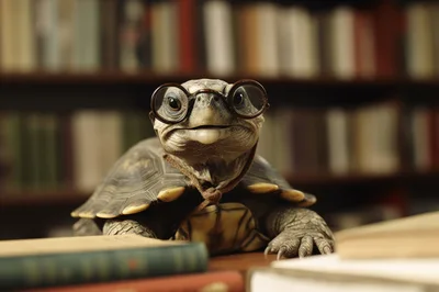 Wise Tortoise Wearing Glasses In A Library