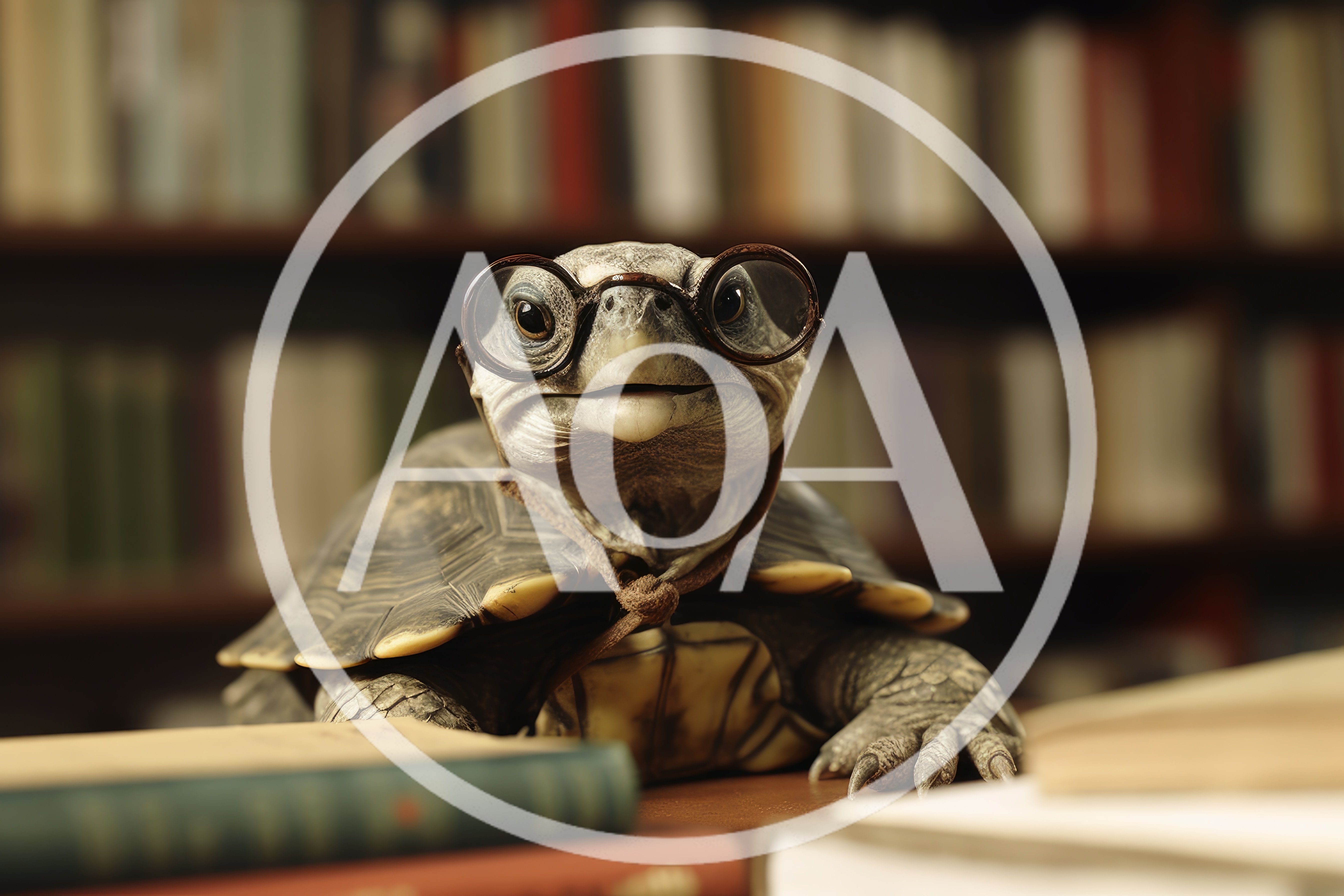 Wise Tortoise Wearing Glasses In A Library