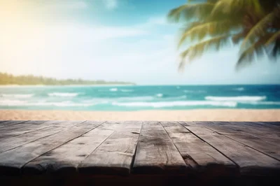Empty Wooden Table Overlooking A Tropical Beach