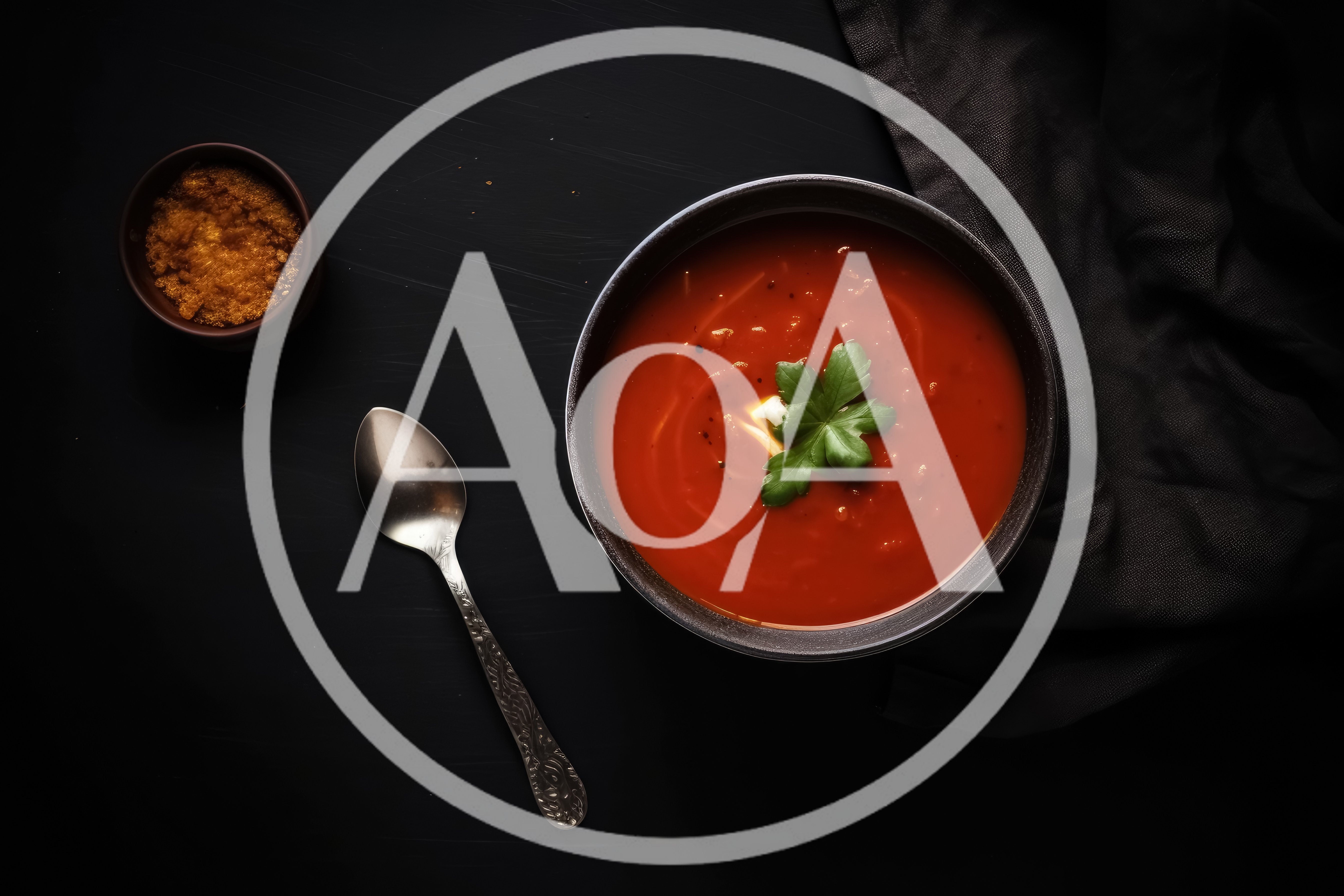 Bowl Of Tomato Soup With Garnish On Dark Table