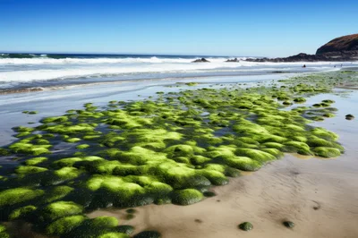 Green Algae Covered Rocks On A Sandy Beach