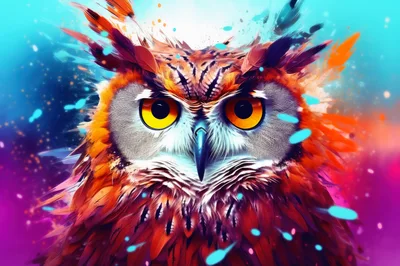 Vibrant Artistic Portrait Of A Great Horned Owl
