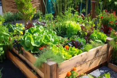 Raised Wooden Garden Bed With Fresh Vegetables
